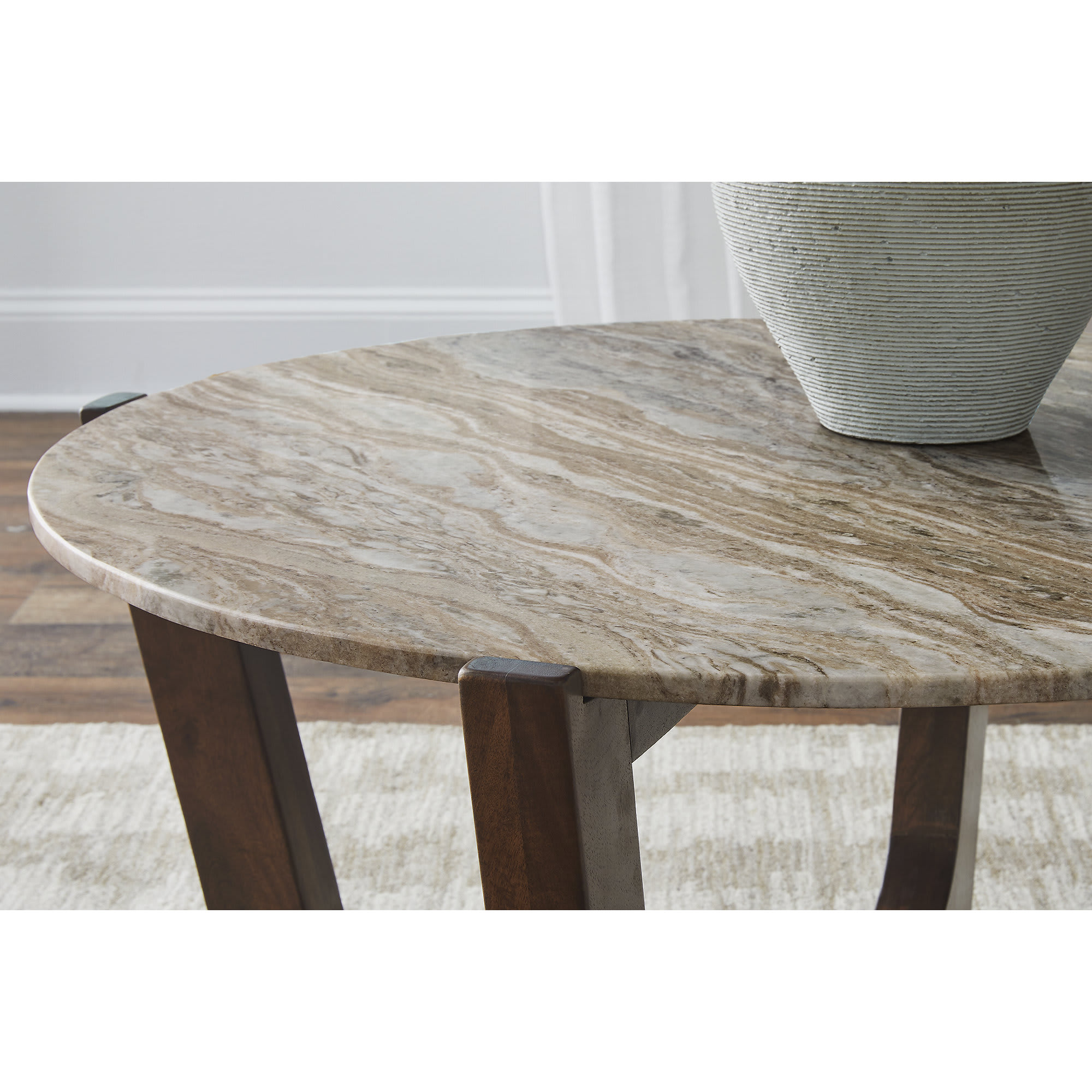 Signature Design by Ashley Tanidore Round Coffee Table with Marble Top and Warm Brown Mango Wood Base