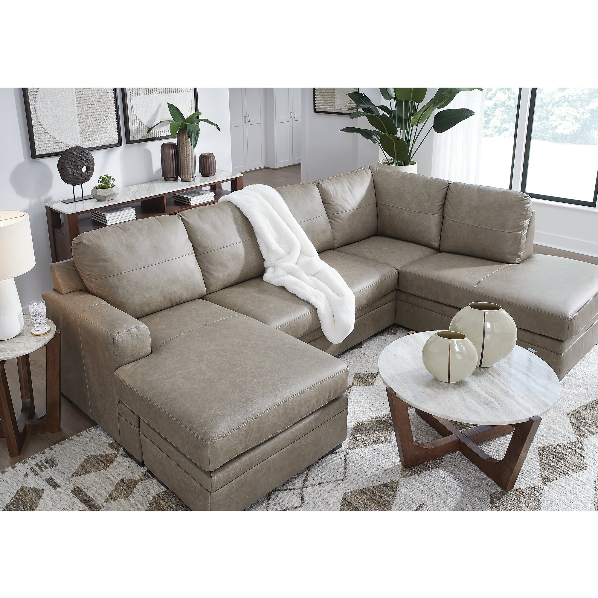Signature Design by Ashley Tanidore Round Coffee Table with Marble Top and Warm Brown Mango Wood Base