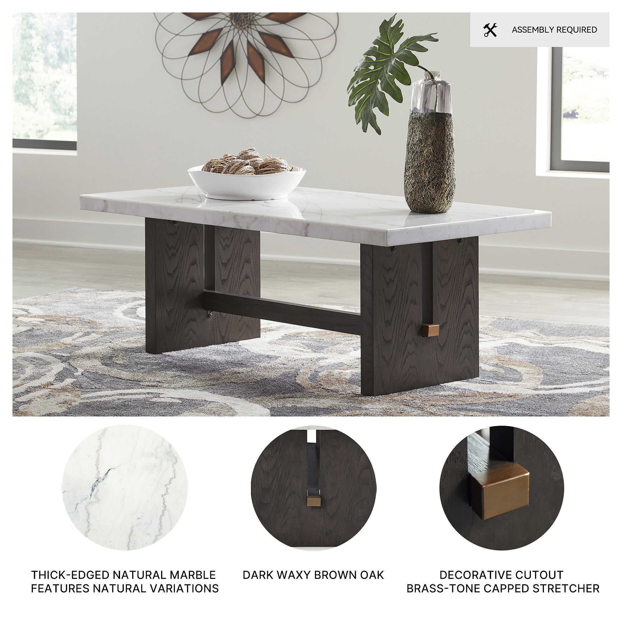 Signature Design by Ashley Burkhaus Modern Rectangular Coffee Table with Marble Top in White and Dark Brown
