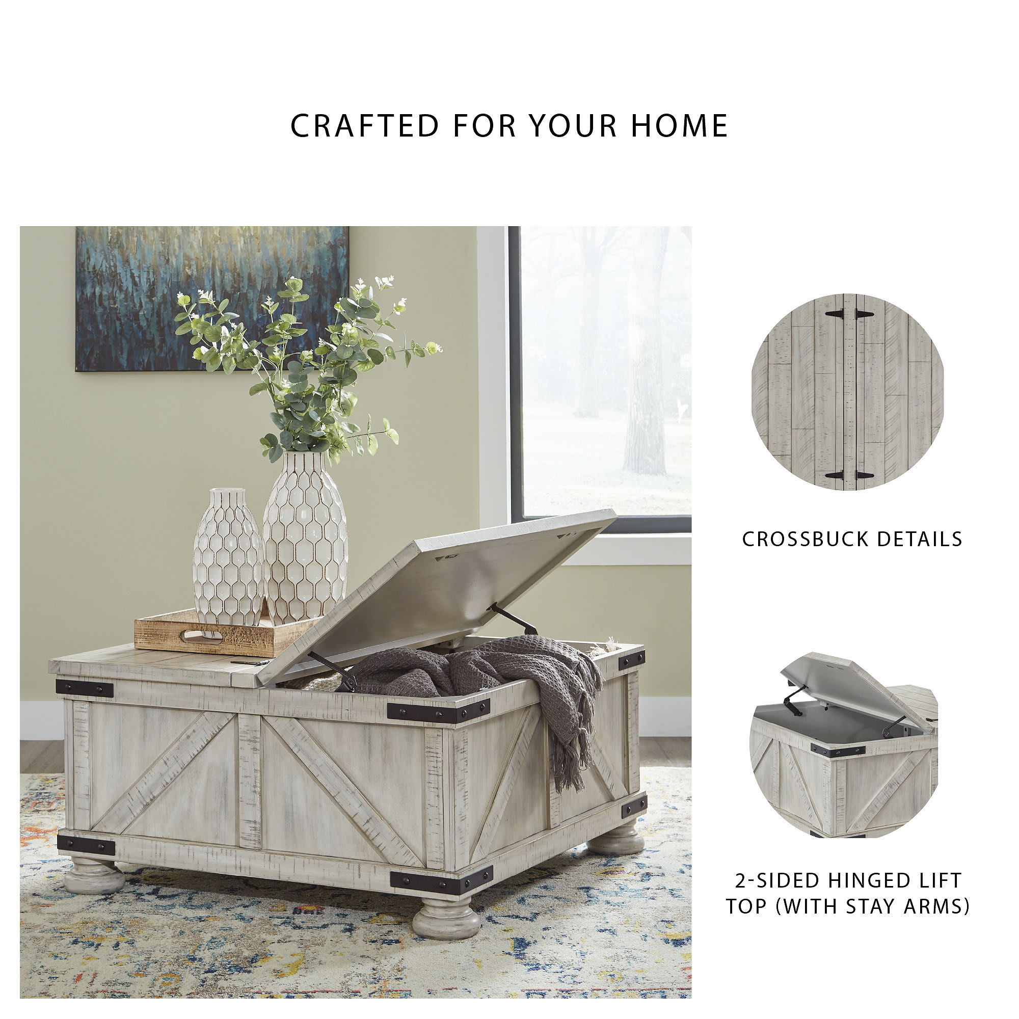 Signature Design by Ashley Carynhurst Whitewash Farmhouse Lift-Top Storage Coffee Table
