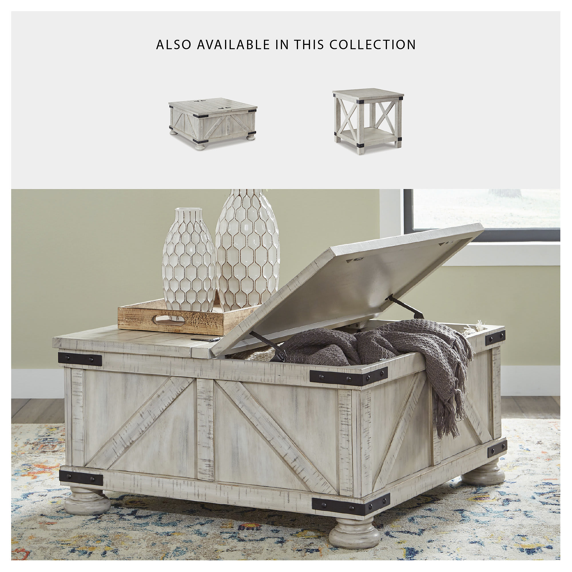 Signature Design by Ashley Carynhurst Whitewash Farmhouse Lift-Top Storage Coffee Table