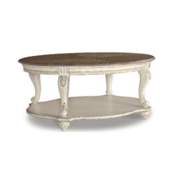 Signature Design by Ashley Realyn Oval Coffee Table with White Frame and Brown Distressed Wood Top