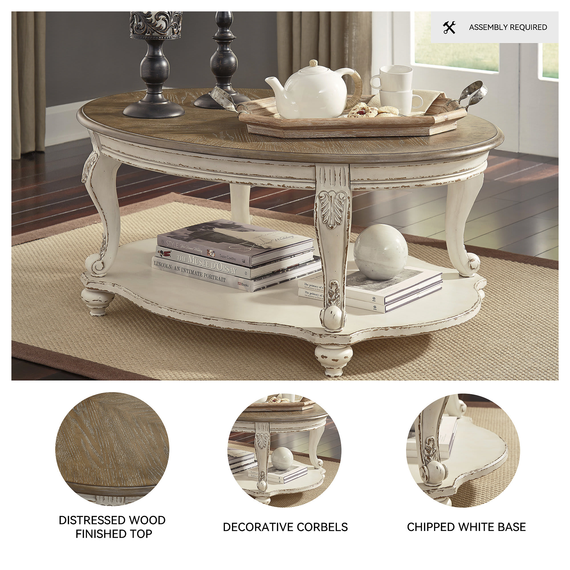 Signature Design by Ashley Realyn Oval Coffee Table with White Frame and Brown Distressed Wood Top