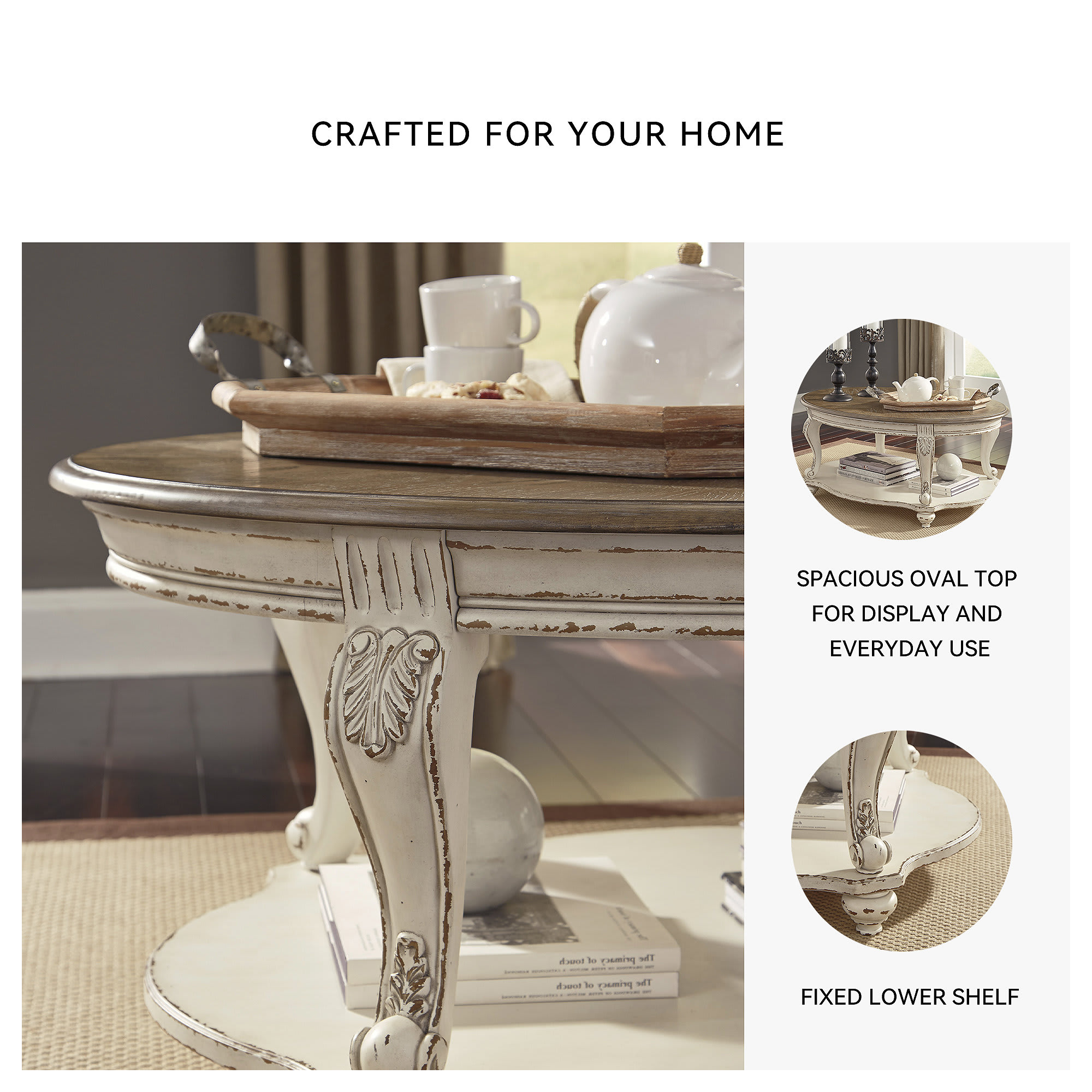 Signature Design by Ashley Realyn Oval Coffee Table with White Frame and Brown Distressed Wood Top