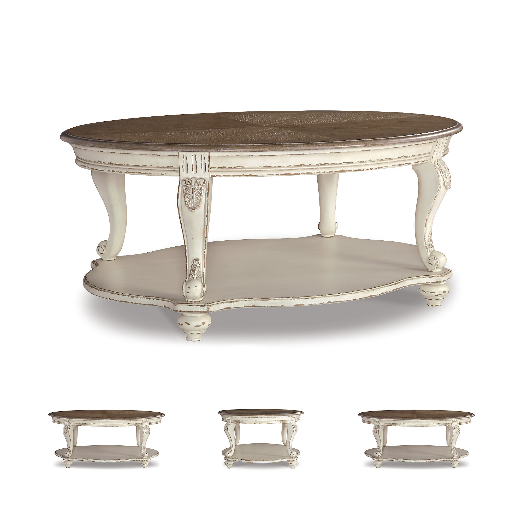 Signature Design by Ashley Realyn Oval Coffee Table with White Frame and Brown Distressed Wood Top