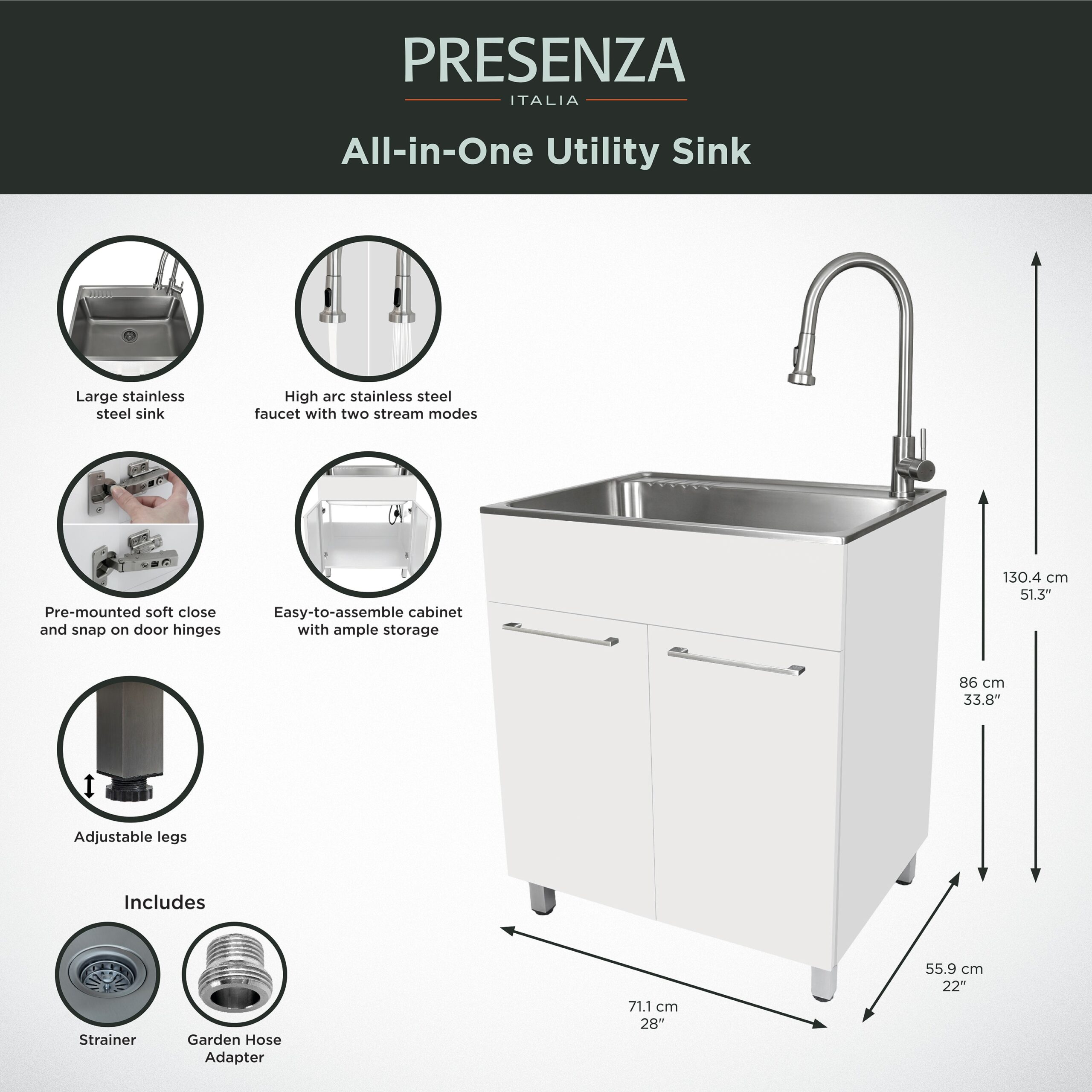 Presenza 28-in x 22-in 1 -Basin White Drop-in Laundry sink with Cabinet with Drain with Faucet
