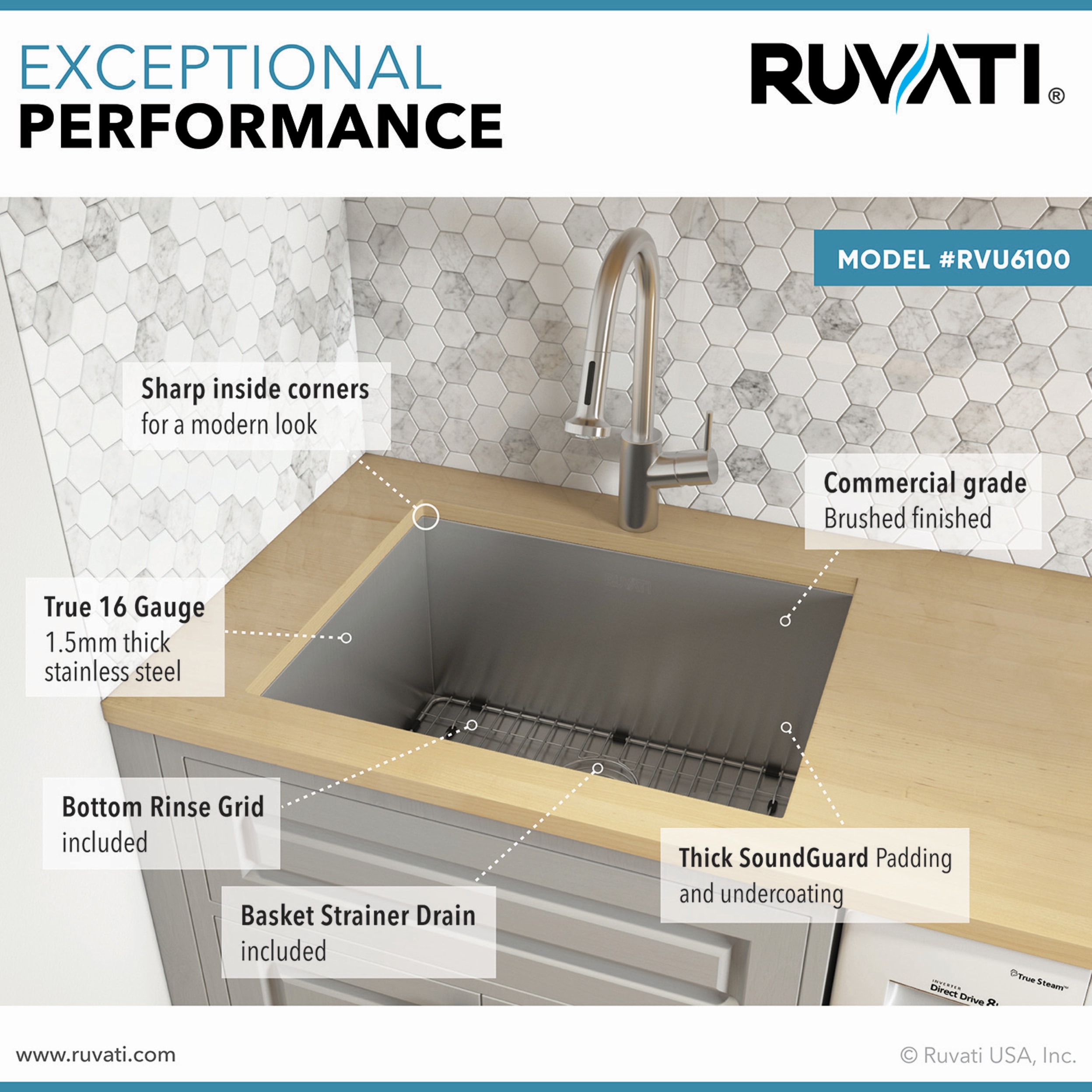 Ruvati 23-in x 18-in 1 -Basin Brushed Stainless Steel Undermount Laundry sink with Drain