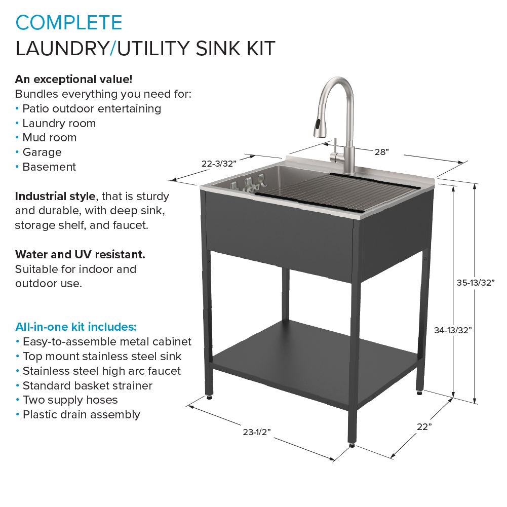 Transolid 22.1-in x 28-in 1 -Basin Matte Black Freestanding Laundry sink with Faucet