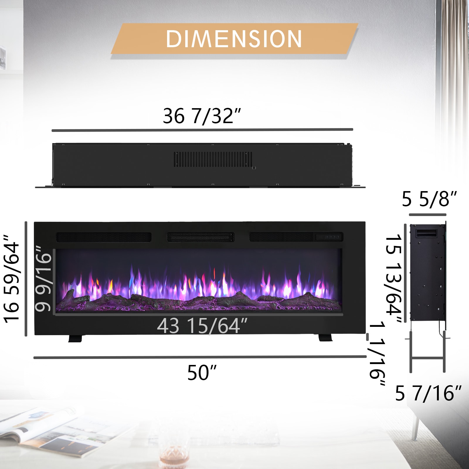 EdenDirect 50-in W Black Wall mount LED Electric Fireplace with Remote Control Included