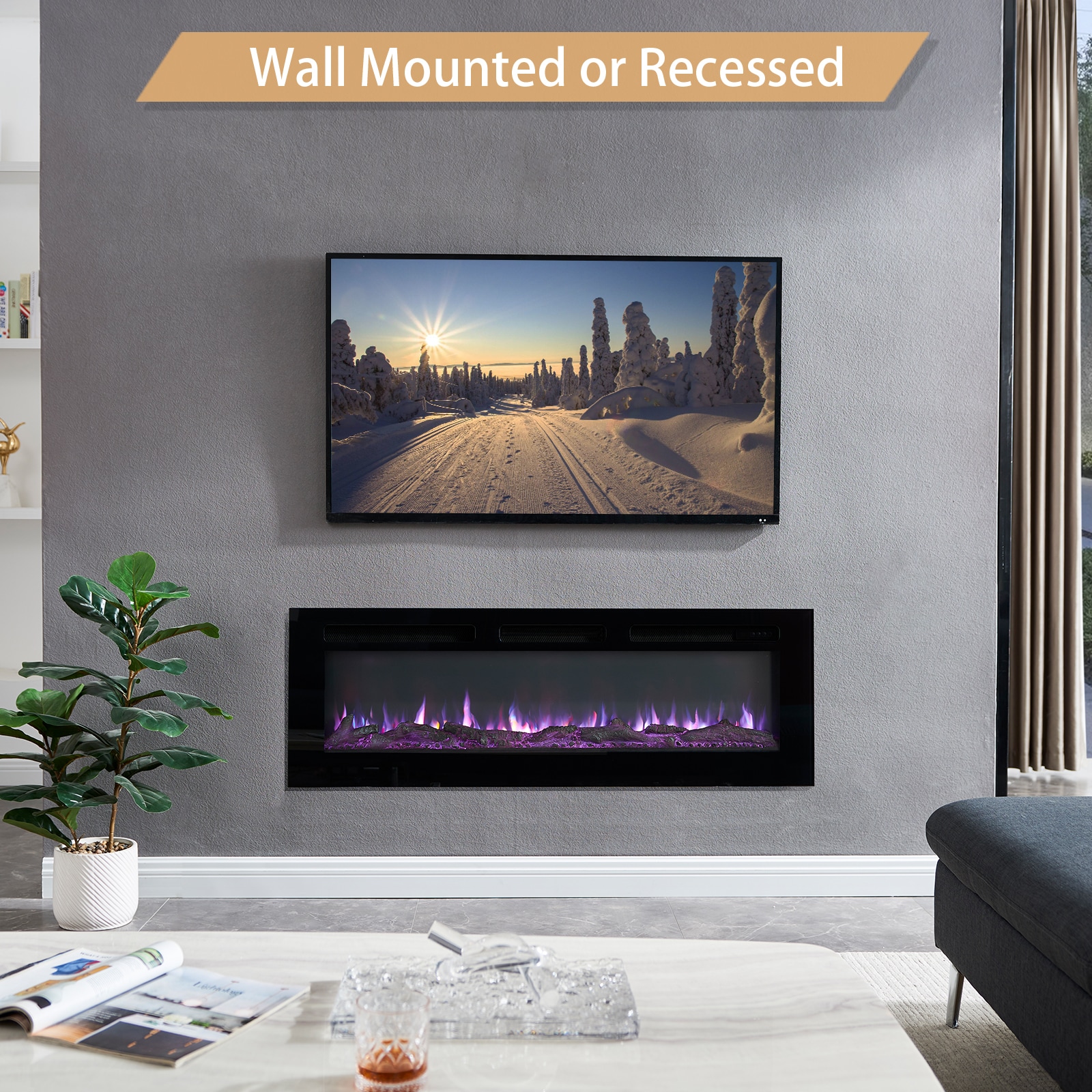 EdenDirect 50-in W Black Wall mount LED Electric Fireplace with Remote Control Included