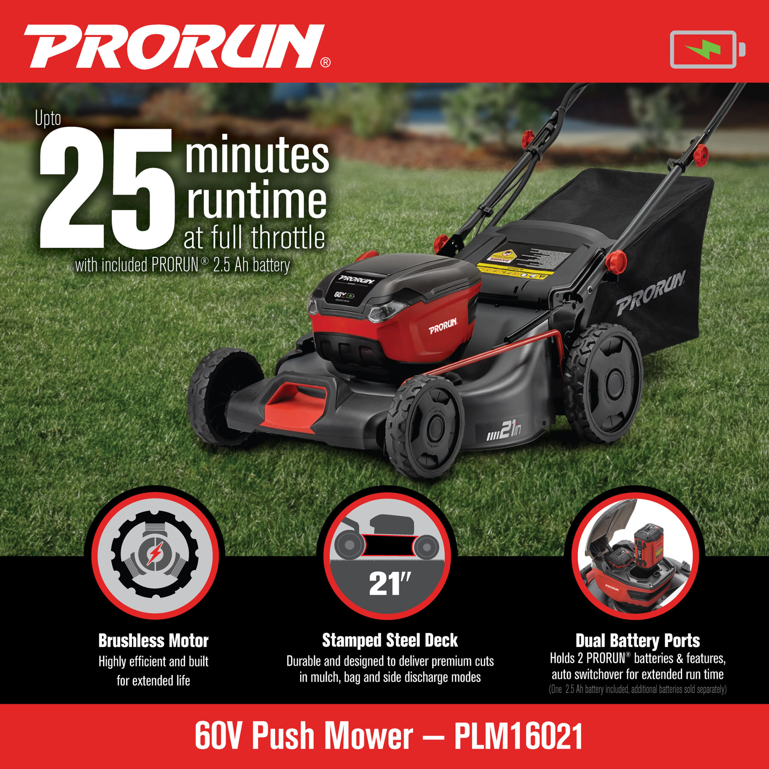 PRORUN PLM16021 60-volt, 21-in Push Battery Walk Mower with (1) 2.5 Ah Battery Included