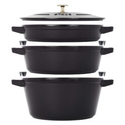 STAUB Cast Iron Set 4-pc Stackable Space-Saving Cookware Set Dutch Oven with Universal Lid Made in France Matte Black