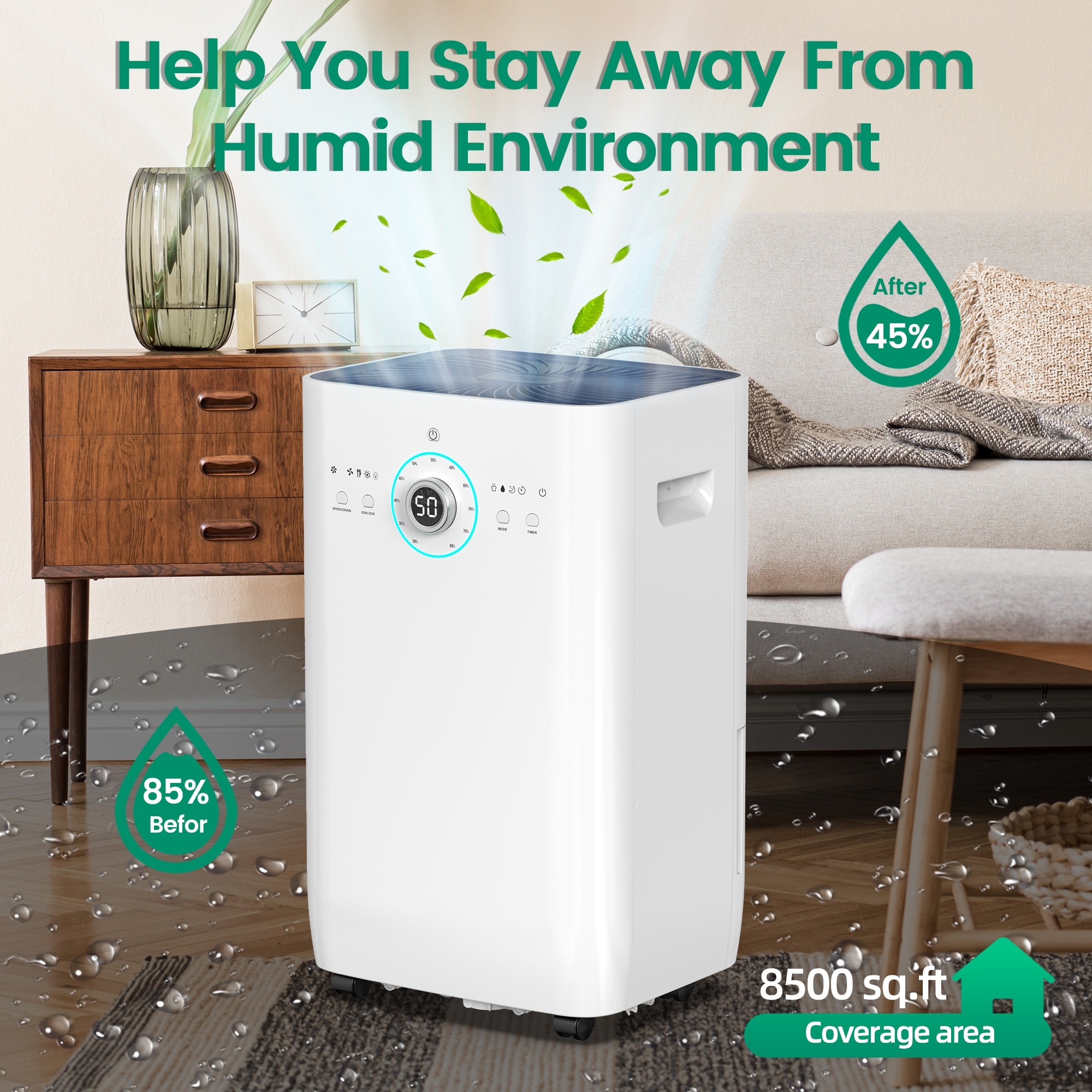 Elexnux 125 -Pint Large Room Dehumidifier For Basements , Bathrooms , Crawlspaces with Built-In Pump White