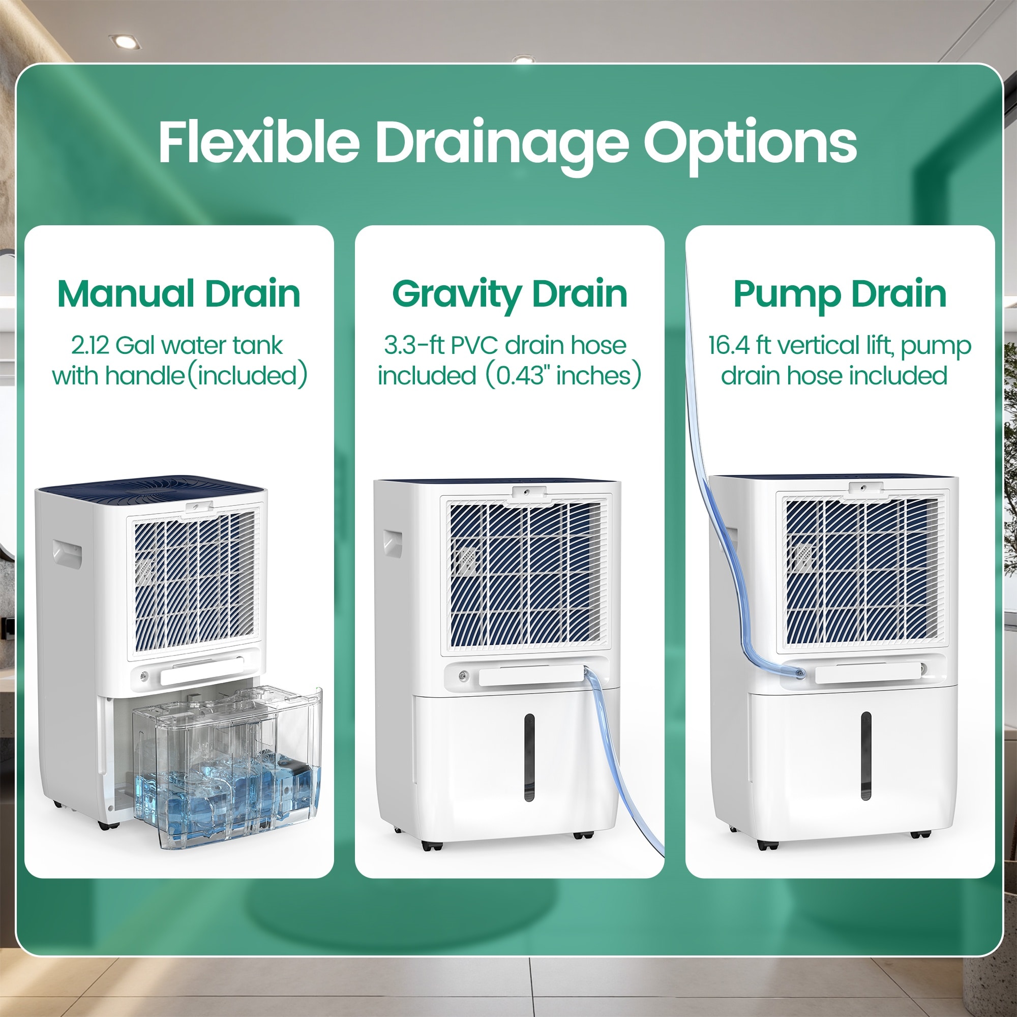 Elexnux 125 -Pint Large Room Dehumidifier For Basements , Bathrooms , Crawlspaces with Built-In Pump White