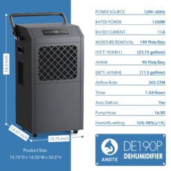 Elexnux 190 -Pint Large Room Dehumidifier For Basements , Bathrooms , Crawlspaces with Built-In Pump Black