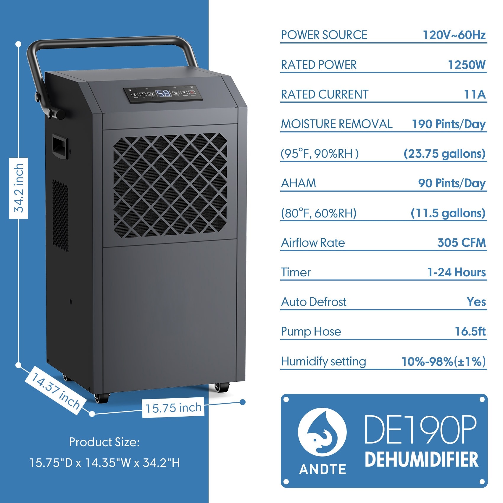 Elexnux 190 -Pint Large Room Dehumidifier For Basements , Bathrooms , Crawlspaces with Built-In Pump Black