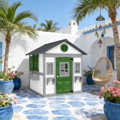 GDFStudio Virex Farmhouse Solid Wood Outdoor Kids Playhouse with Convertible Design and Planter Flower Pot - Dark Grey+Green+White