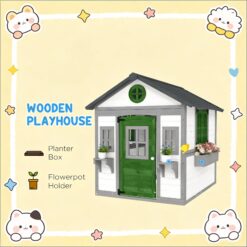 GDFStudio Virex Farmhouse Solid Wood Outdoor Kids Playhouse with Convertible Design and Planter Flower Pot - Dark Grey+Green+White