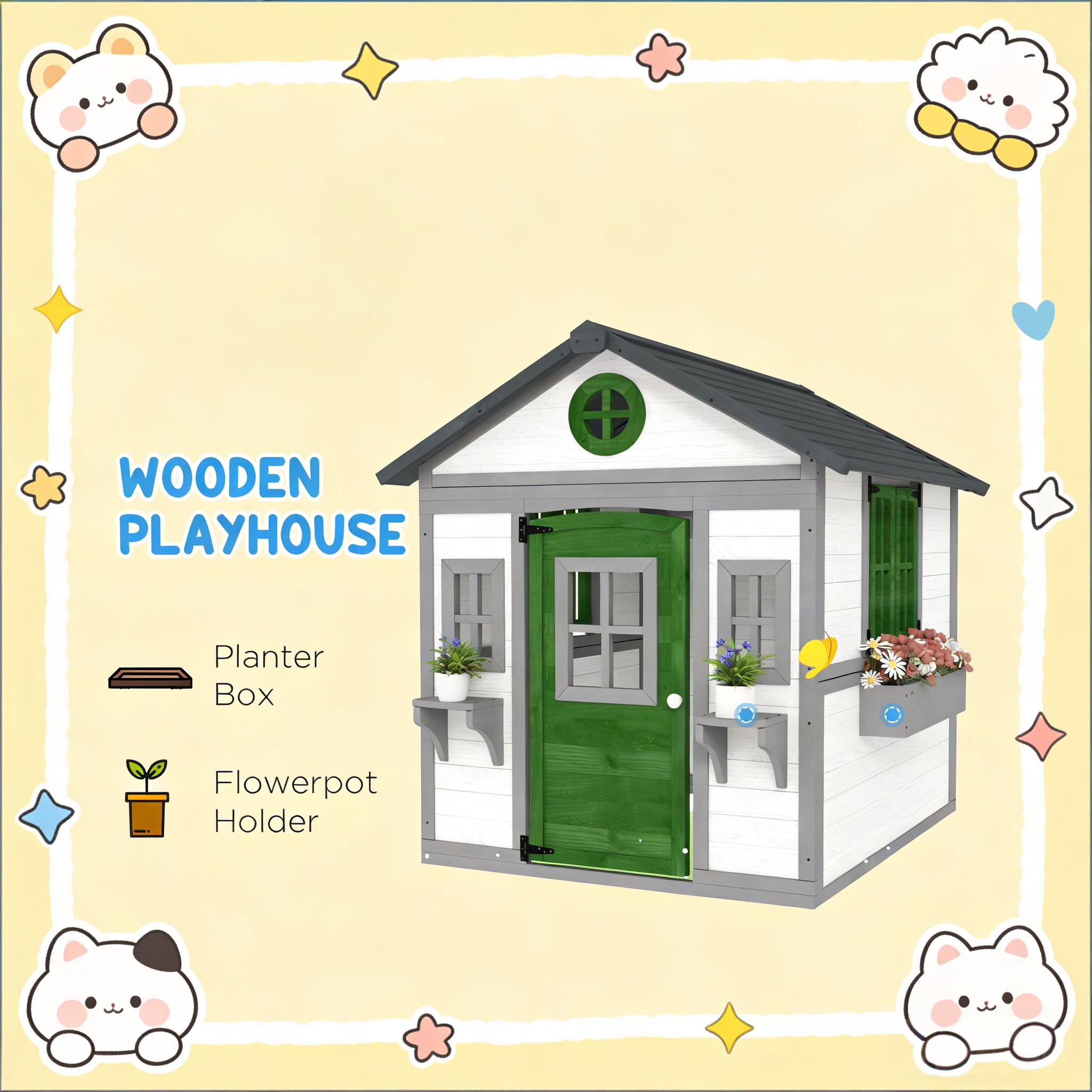 GDFStudio Virex Farmhouse Solid Wood Outdoor Kids Playhouse with Convertible Design and Planter Flower Pot - Dark Grey+Green+White