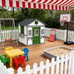 GDFStudio Virex Farmhouse Solid Wood Outdoor Kids Playhouse with Convertible Design and Planter Flower Pot - Dark Grey+Green+White