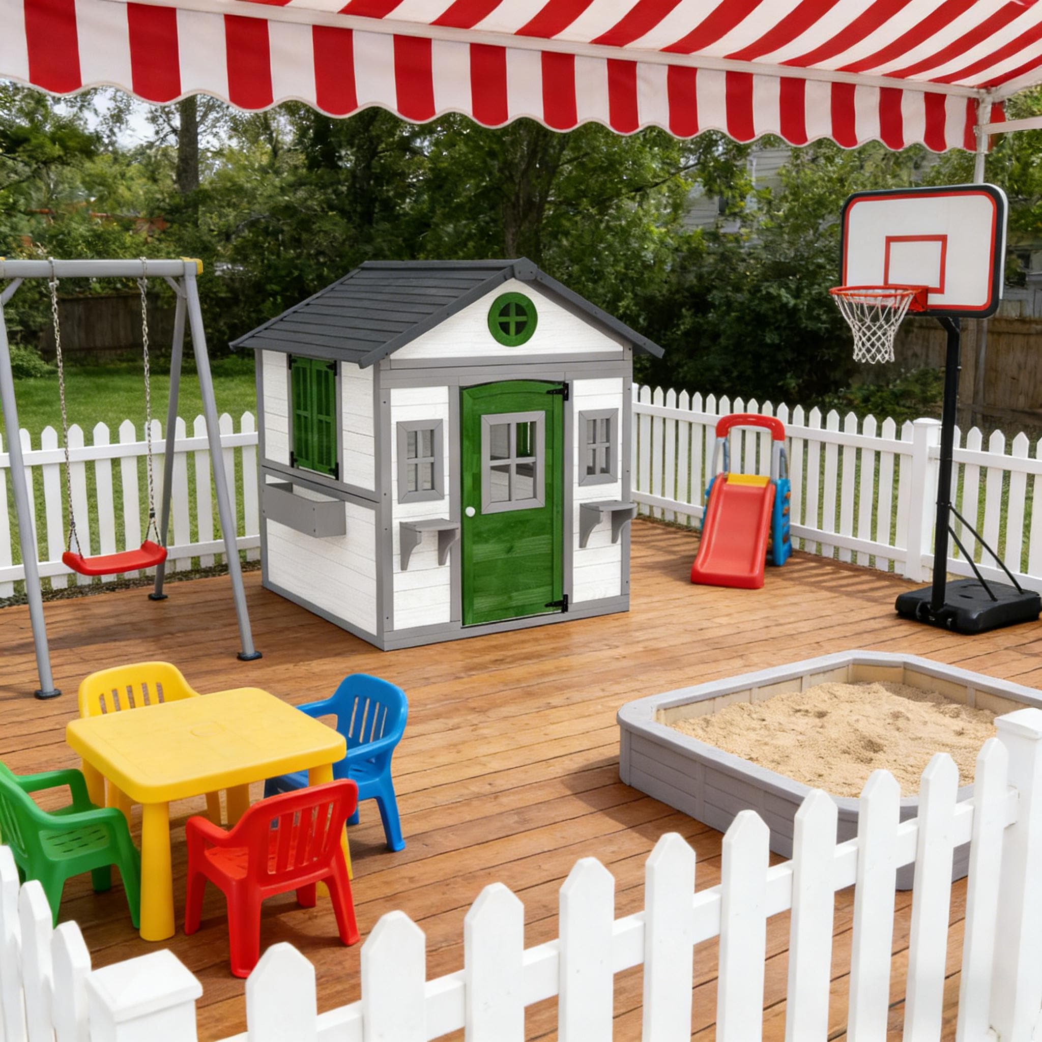 GDFStudio Virex Farmhouse Solid Wood Outdoor Kids Playhouse with Convertible Design and Planter Flower Pot - Dark Grey+Green+White