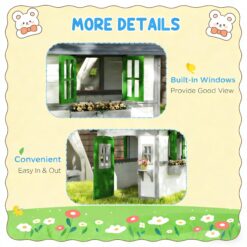 GDFStudio Virex Farmhouse Solid Wood Outdoor Kids Playhouse with Convertible Design and Planter Flower Pot - Dark Grey+Green+White