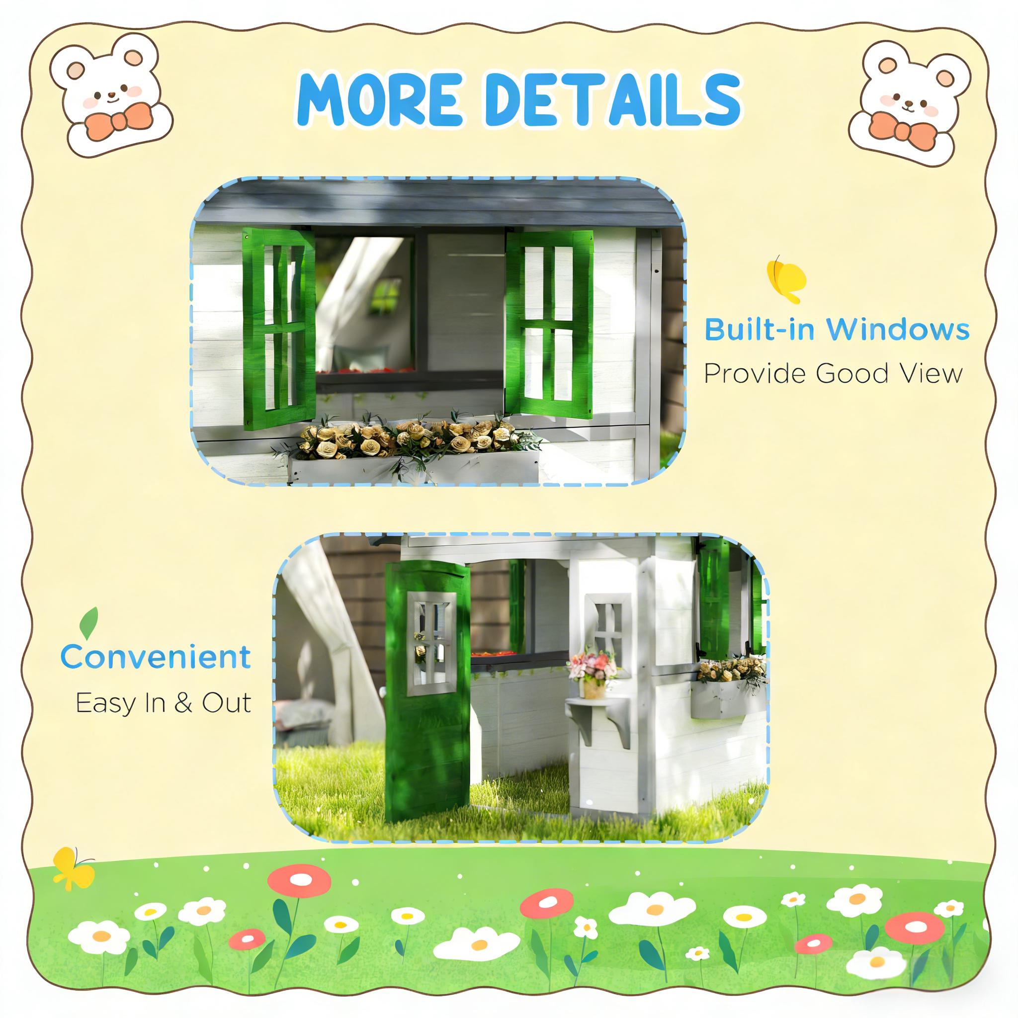 GDFStudio Virex Farmhouse Solid Wood Outdoor Kids Playhouse with Convertible Design and Planter Flower Pot - Dark Grey+Green+White