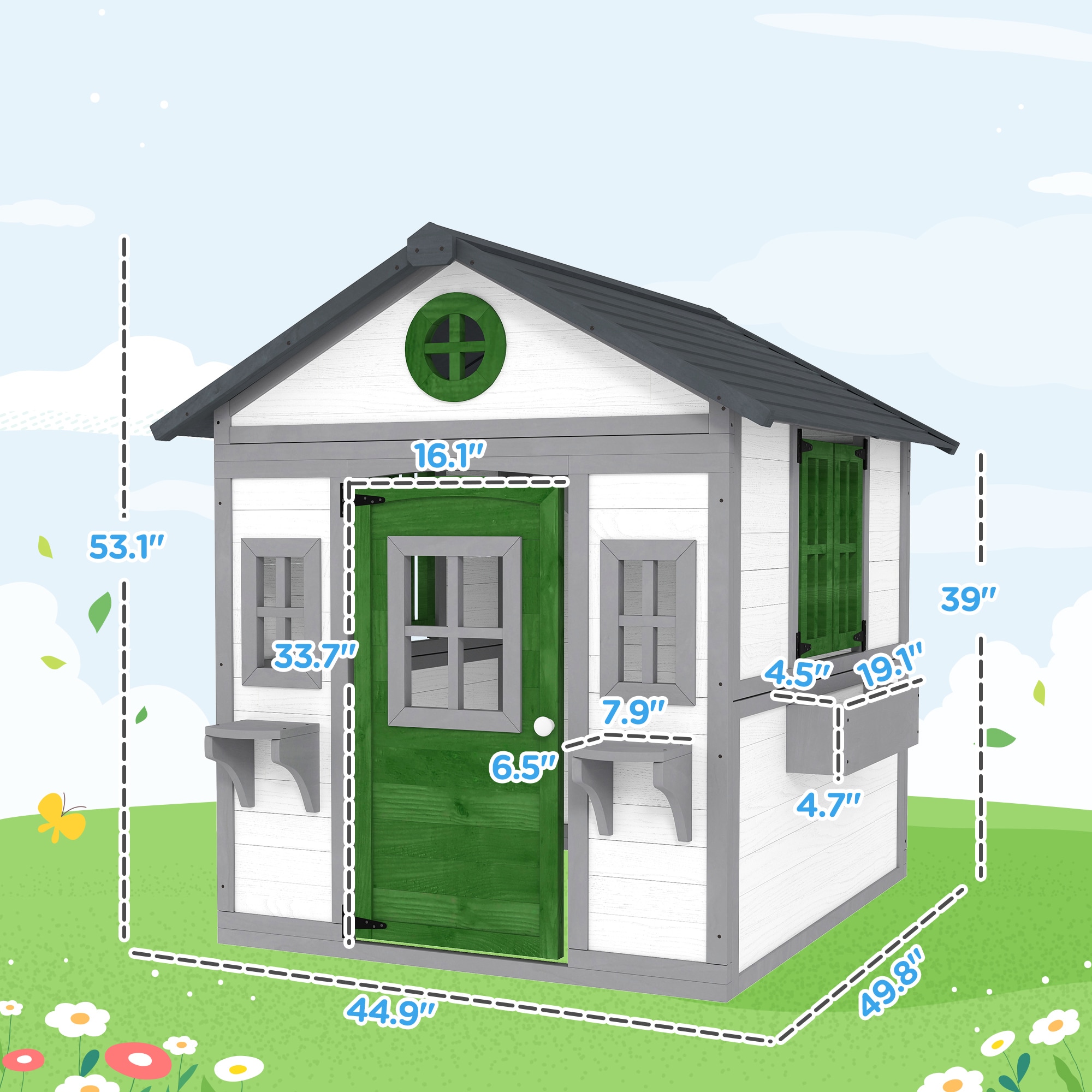 GDFStudio Virex Farmhouse Solid Wood Outdoor Kids Playhouse with Convertible Design and Planter Flower Pot - Dark Grey+Green+White