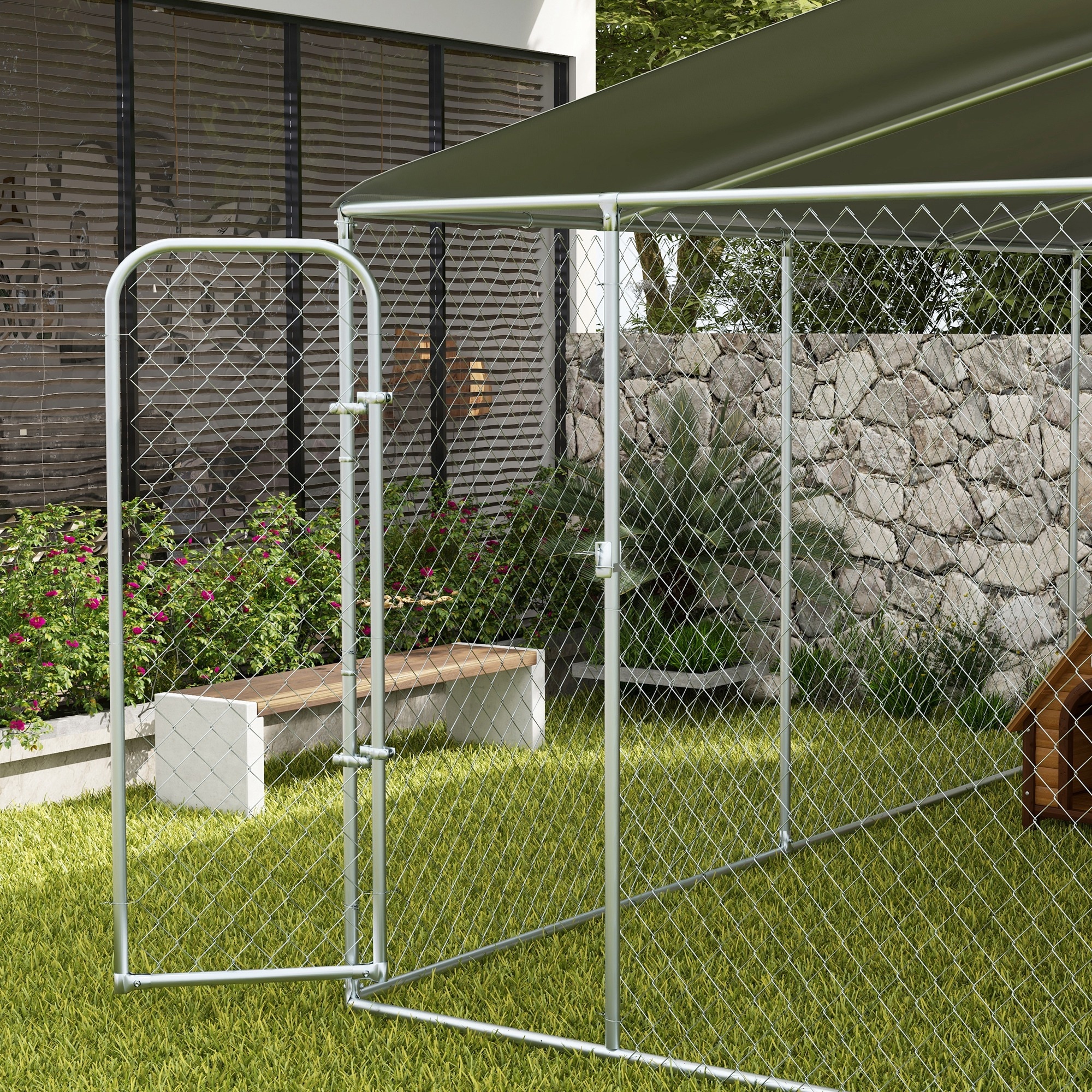 PawHut Outdoor Dog Kennel 15x15x7.5 FT Galvanized Steel​