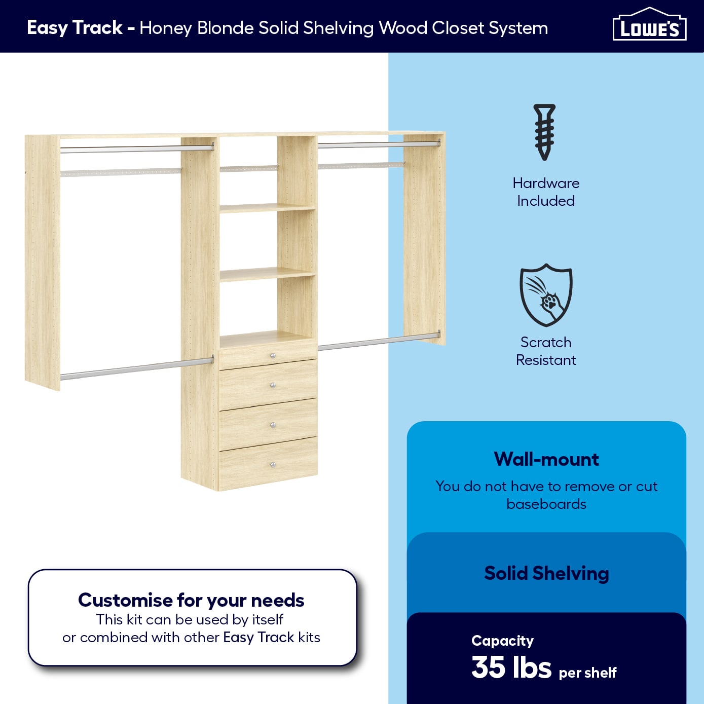 Easy Track Reach-in Tower system Honey Blonde Solid Shelving Wood Closet System