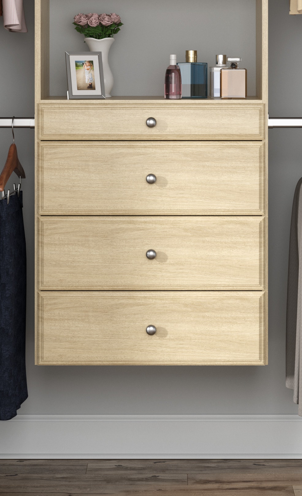 Easy Track Reach-in Tower system Honey Blonde Solid Shelving Wood Closet System