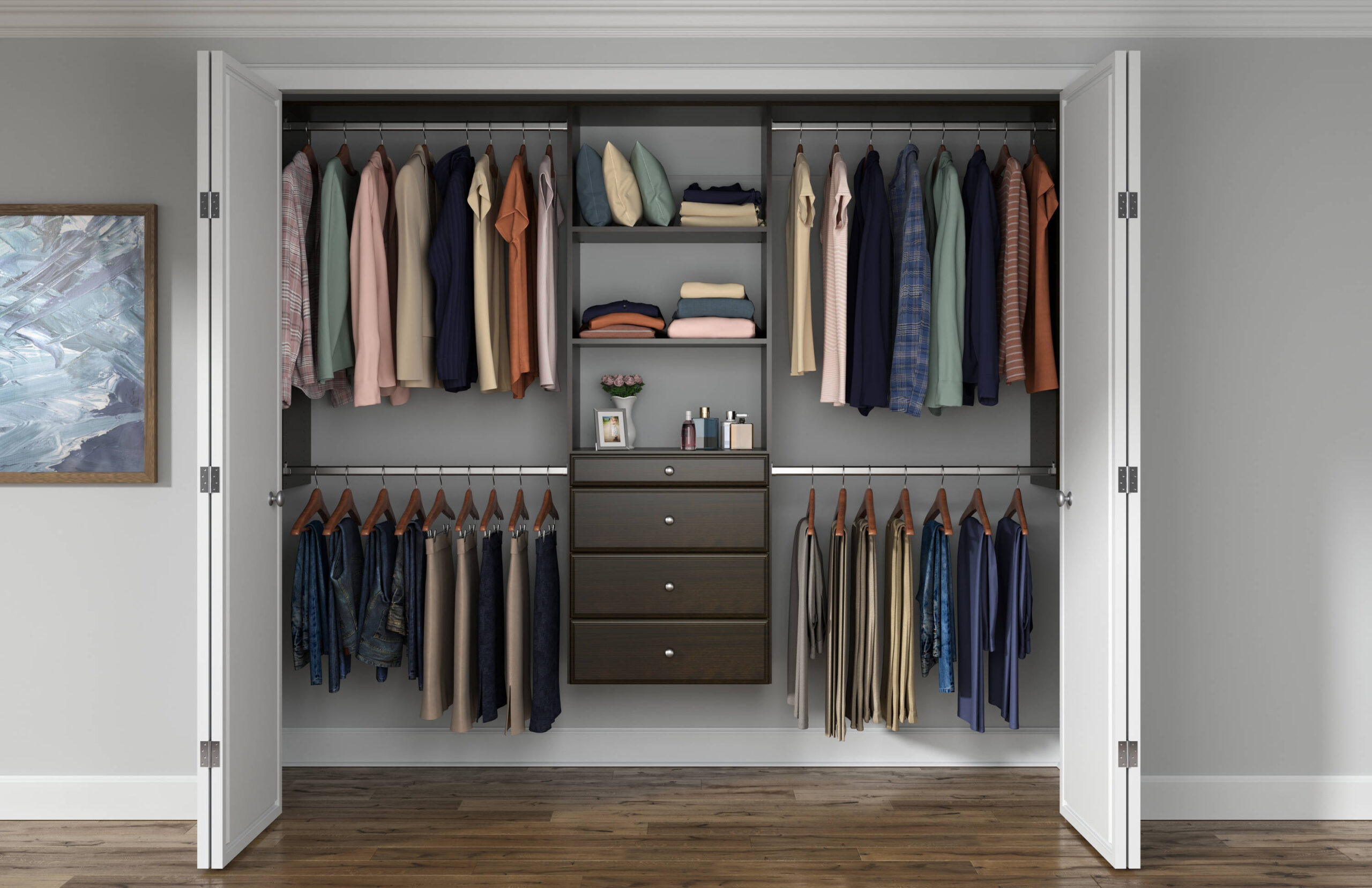 Easy Track Reach-in Tower system Truffle Solid Shelving Wood Closet System