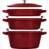 STAUB Cast Iron Set 4-pc Stackable Space-Saving Cookware Set Dutch Oven with Universal Lid Made in France Grenadine