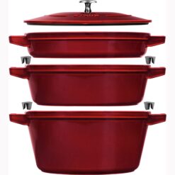 STAUB Cast Iron Set 4-pc Stackable Space-Saving Cookware Set Dutch Oven with Universal Lid Made in France Grenadine
