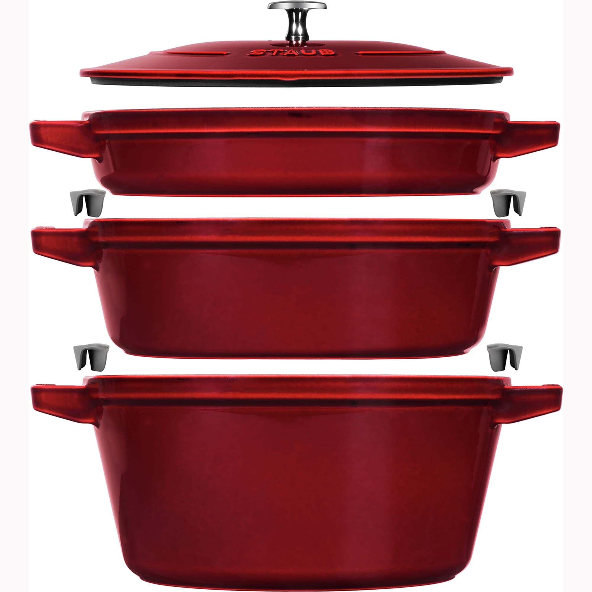 STAUB Cast Iron Set 4-pc Stackable Space-Saving Cookware Set Dutch Oven with Universal Lid Made in France Grenadine