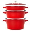 STAUB Cast Iron Set 4-pc Stackable Space-Saving Cookware Set Dutch Oven with Universal Lid Made in France Cherry