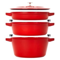 STAUB Cast Iron Set 4-pc Stackable Space-Saving Cookware Set Dutch Oven with Universal Lid Made in France Cherry