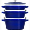 STAUB Cast Iron Set 4-pc Stackable Space-Saving Cookware Set Dutch Oven with Universal Lid Made in France Dark Blue