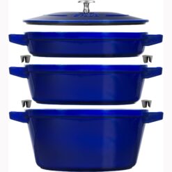 STAUB Cast Iron Set 4-pc Stackable Space-Saving Cookware Set Dutch Oven with Universal Lid Made in France Dark Blue
