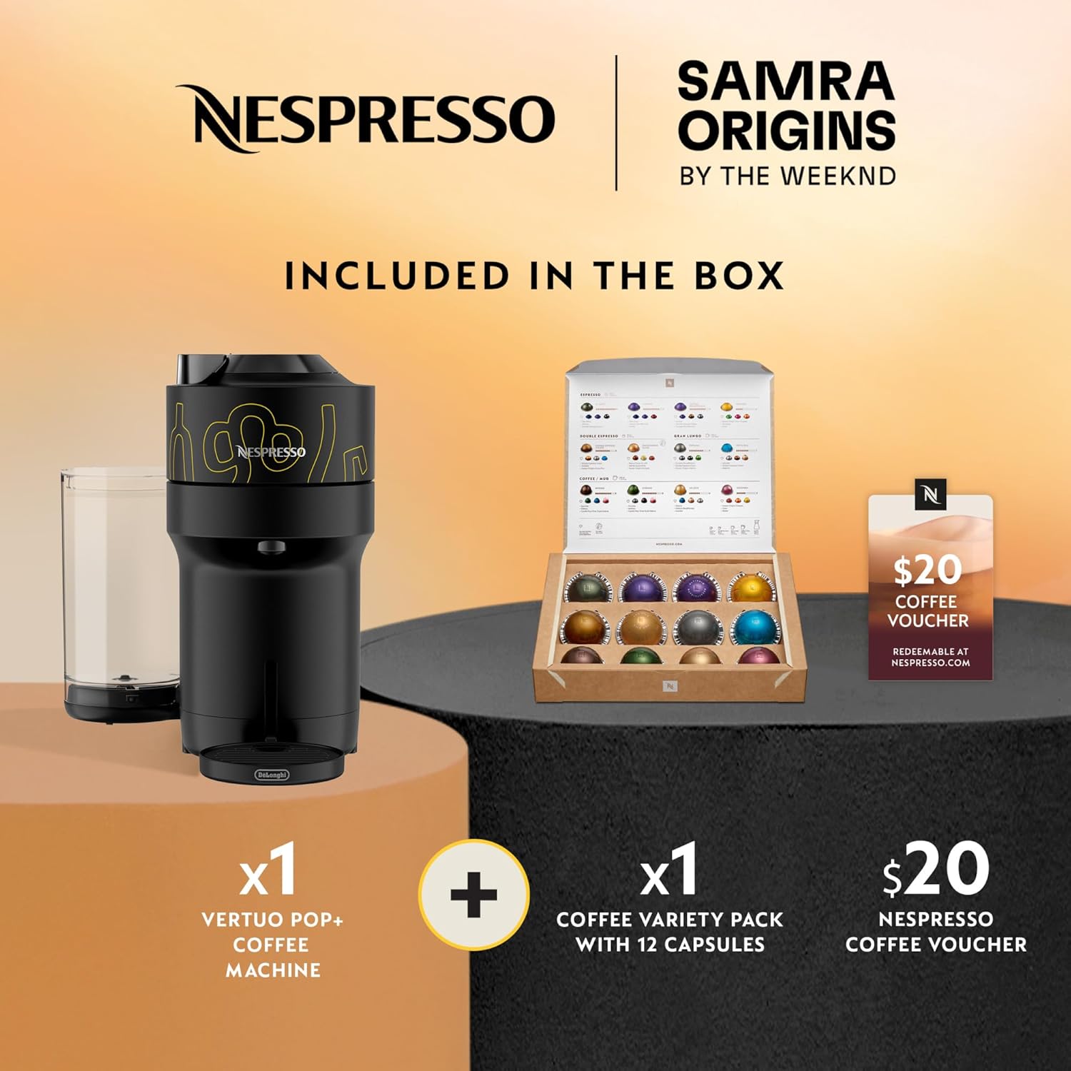 Nespresso Vertuo Pop+ Coffee and Espresso Maker by De'Longhi, Samra Origins by The Weeknd Vertuo Buna Yellow