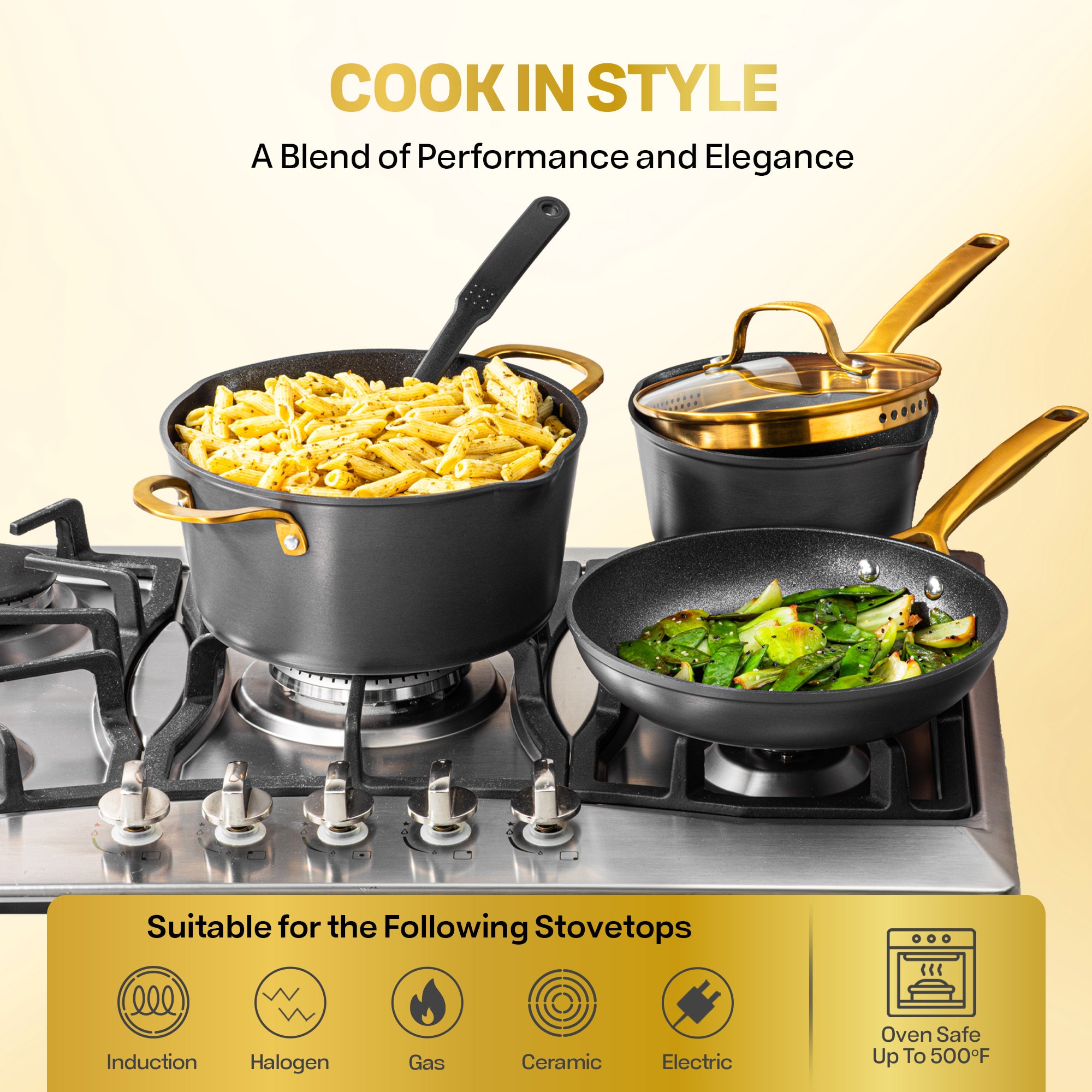 GraniteStone Diamond 20 -Piece Armor Max Gold 13.78-in Aluminum Cookware set with Lid