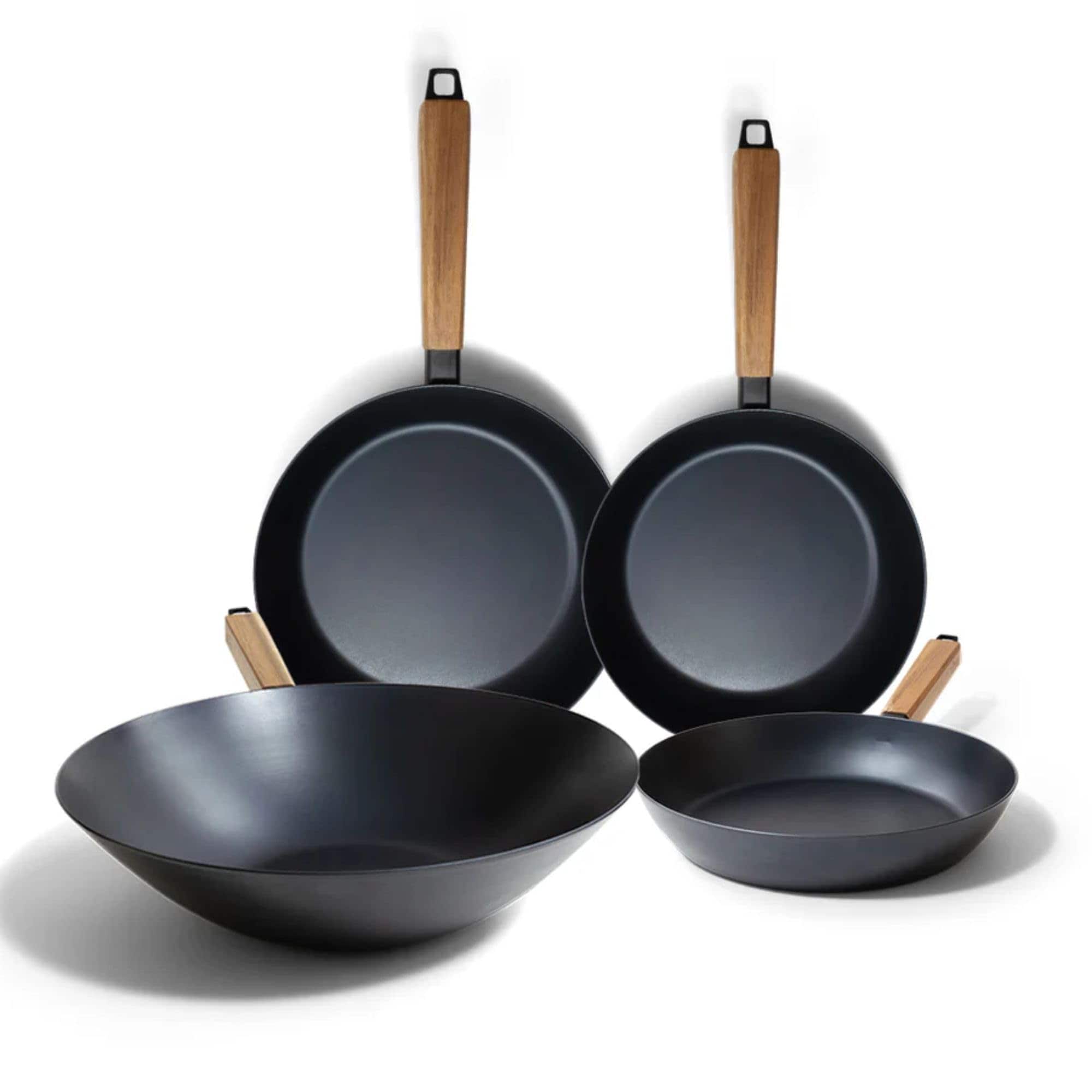 alva Forest 4-Piece Blue Carbon Steel Frying Pan Skillet Non-Toxic Pre-Seasoned Pans and Wok