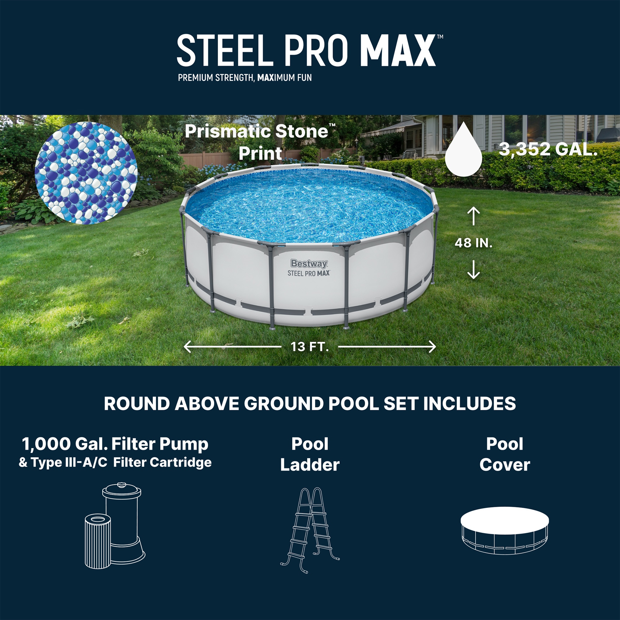Bestway Steel Pro MAX 13 Feetx48 Inches Round Above Ground Swimming Pool with Pump and Cover