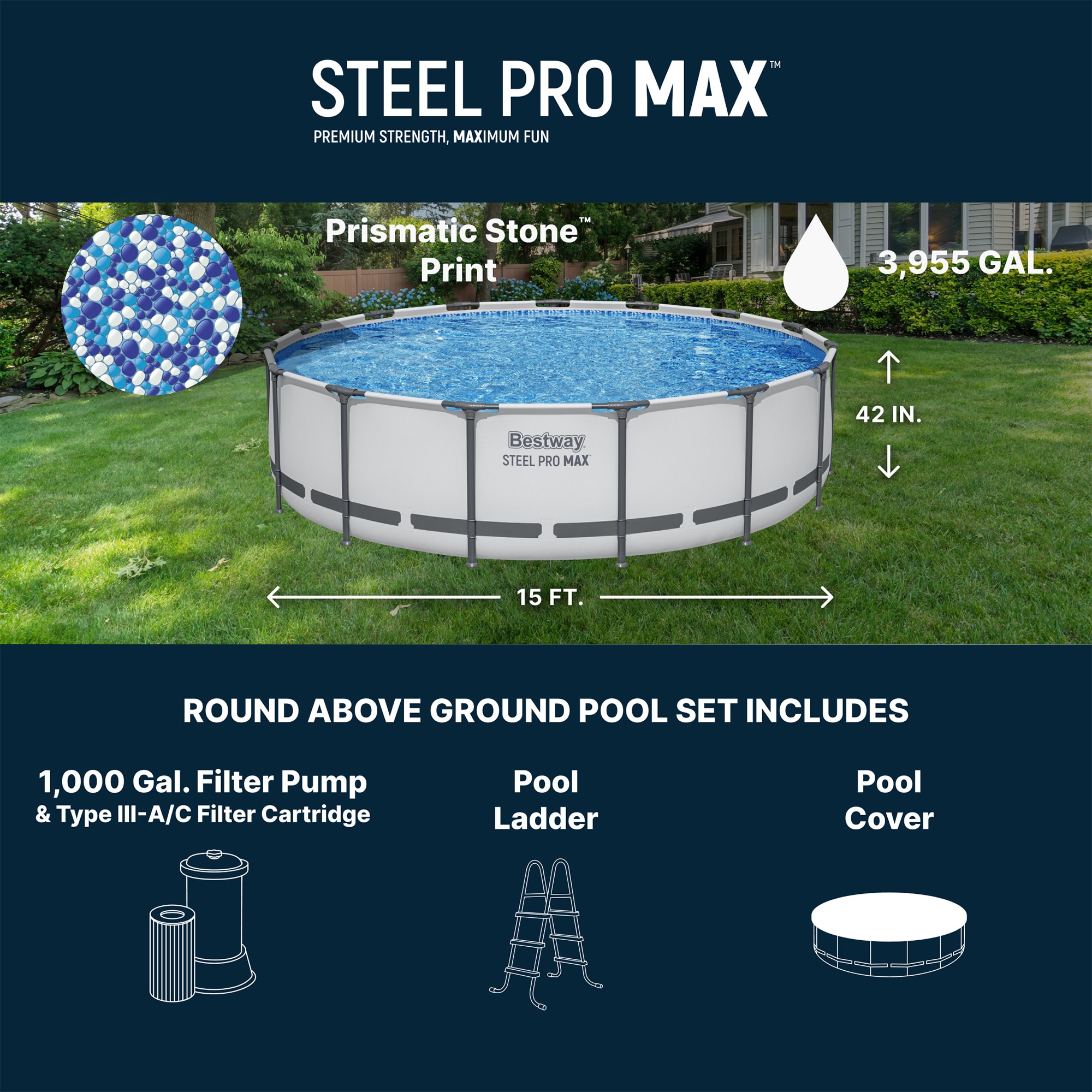 Bestway Steel Pro MAX 15ft x 42 in Round Above Ground Swimming Pool with Pump and Cover