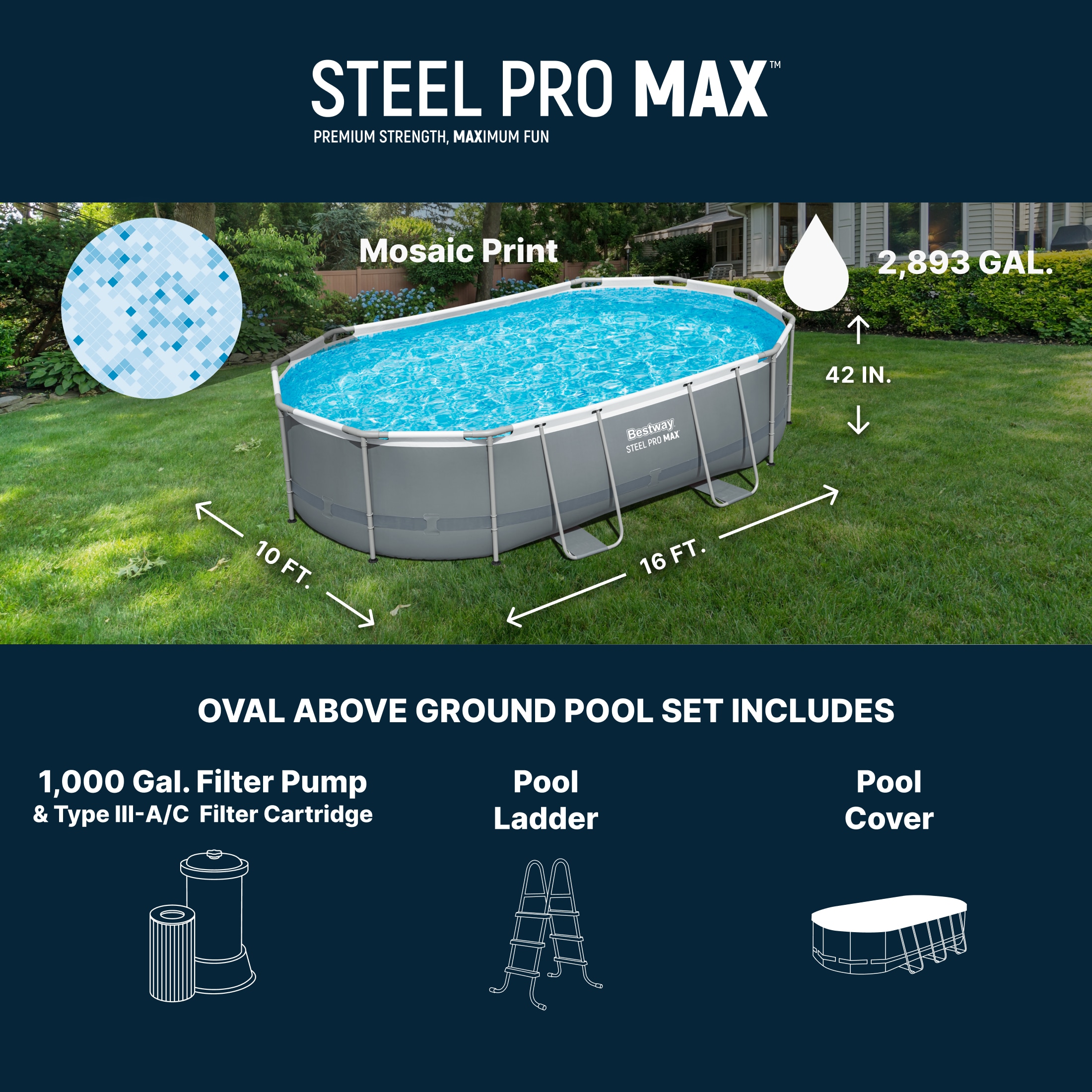 Bestway Power Steel 16ft x 10ft x 42in Rectangular Above Ground Swimming Pool Set