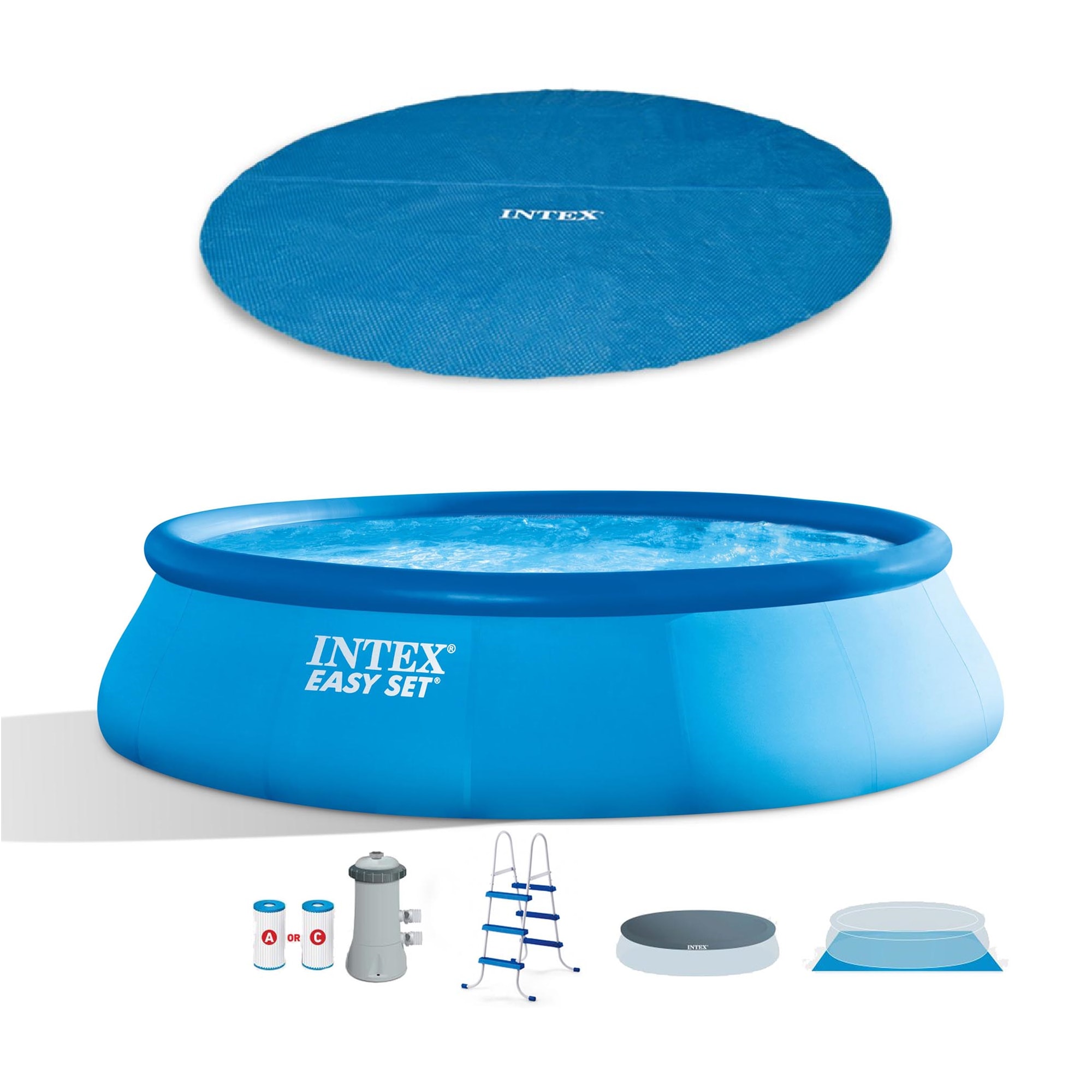 Intex 15-ft x 15-ft x 42-in Inflatable top ring Round Above-Ground Pool with Filter Pump with Ground Cloth with Pool Cover with Ladder