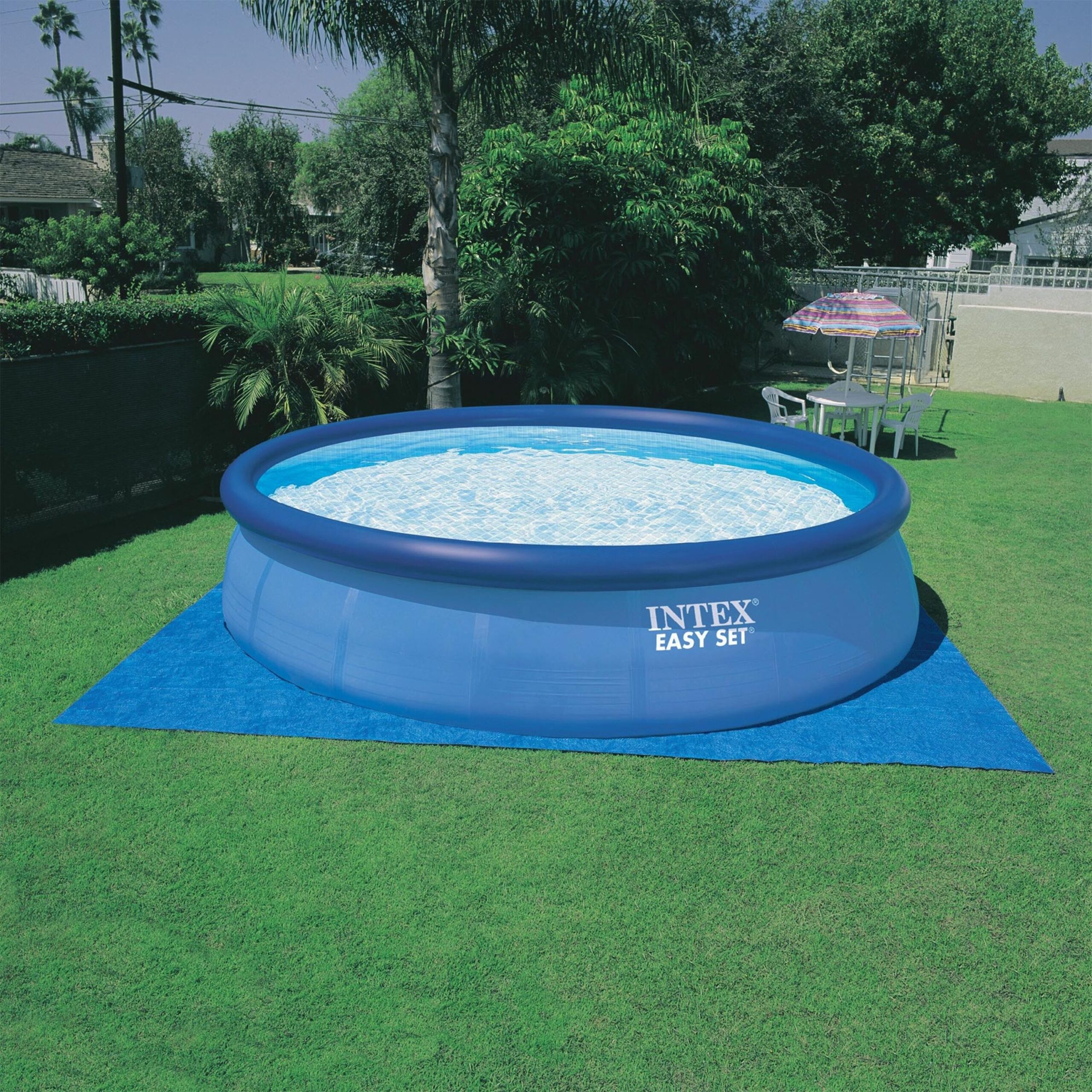 Intex 15-ft x 15-ft x 42-in Inflatable top ring Round Above-Ground Pool with Filter Pump with Ground Cloth with Pool Cover with Ladder