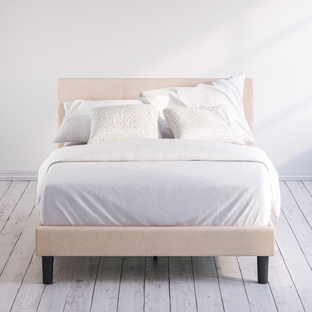 Zinus Queen Beige Metal Tufted Platform Bed with Headboard