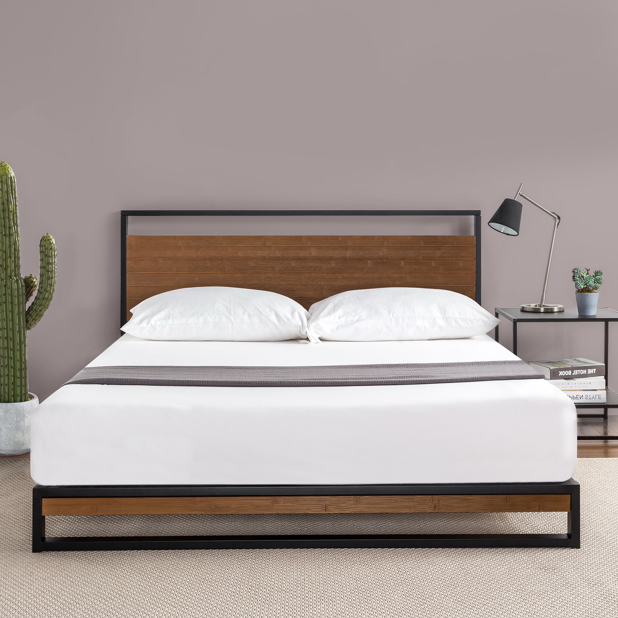 Zinus King Chestnut Brown Metal Platform Bed with Headboard