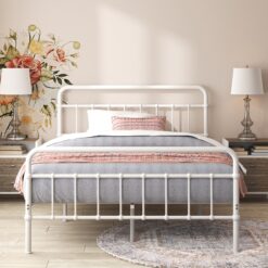 Zinus Queen White Metal Platform Bed with Headboard